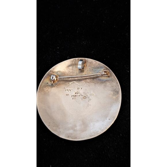 Vintage Peru 2" Round 925 Sterling 18K Gold Turquoise Inca Bird Brooch/Pendant - Picture 5 of 6